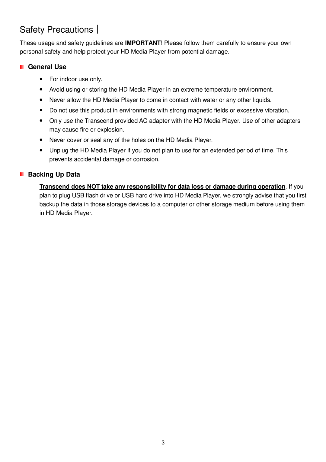 Transcend Information DMP10 user manual Safety Precautions︱, General Use, Backing Up Data 