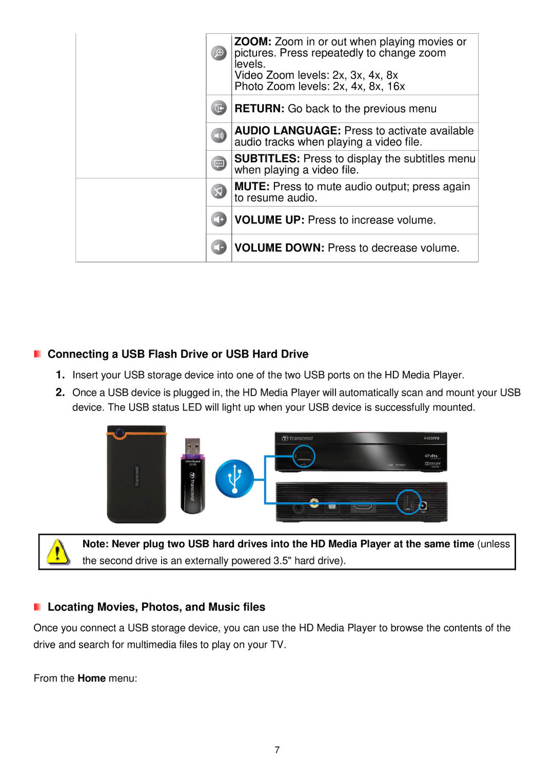 Transcend Information DMP10 Connecting a USB Flash Drive or USB Hard Drive, Locating Movies, Photos, and Music files 