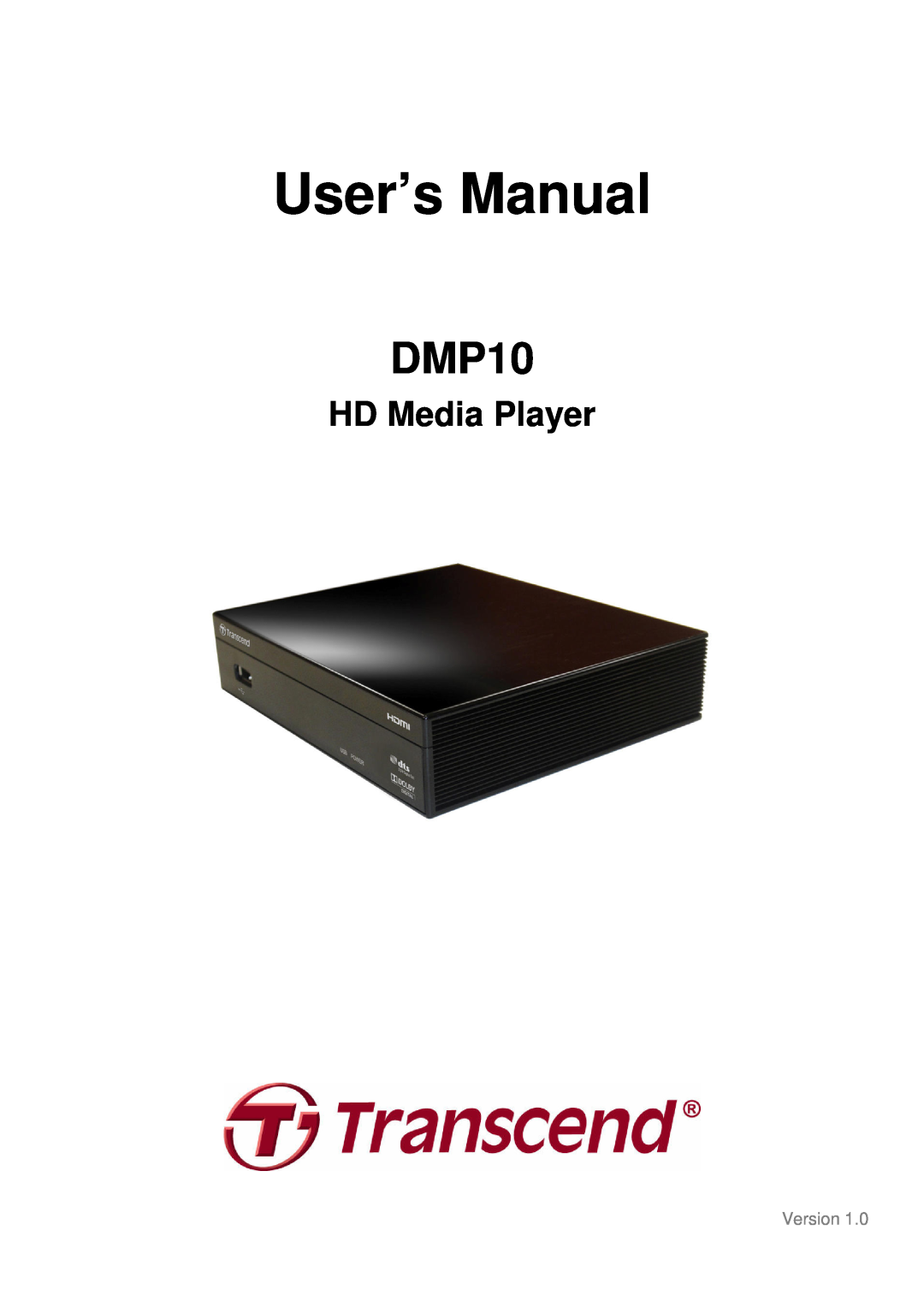 Transcend Information DMP10 user manual User’s Manual, HD Media Player, Version 