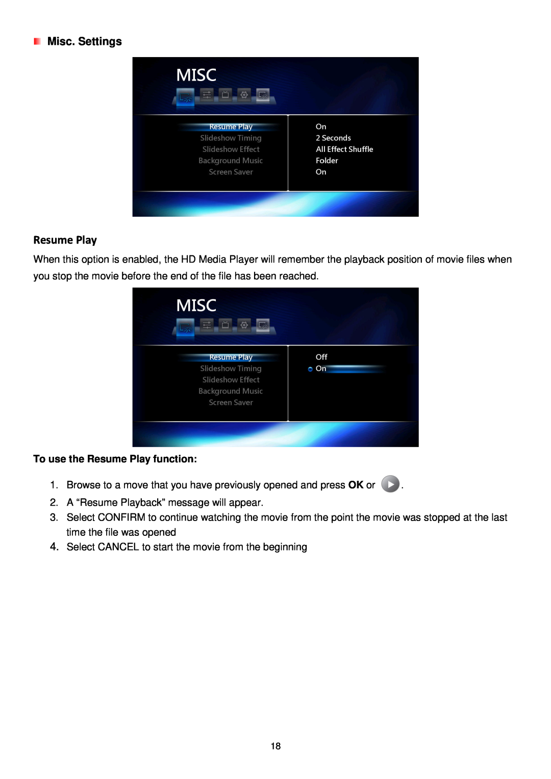 Transcend Information DMP10 user manual Resume Play, Misc. Settings 