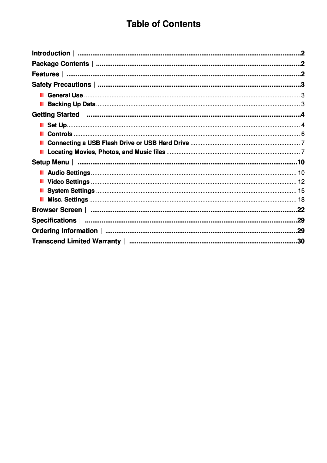 Transcend Information DMP10 user manual Table of Contents 