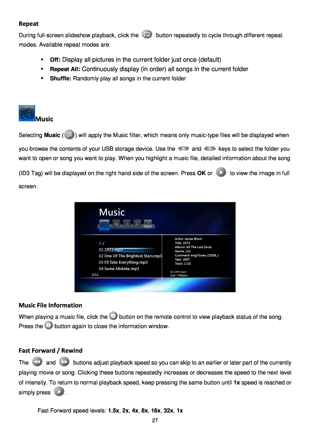 Transcend Information DMP10 user manual Repeat, Music File Information, Fast Forward / Rewind 