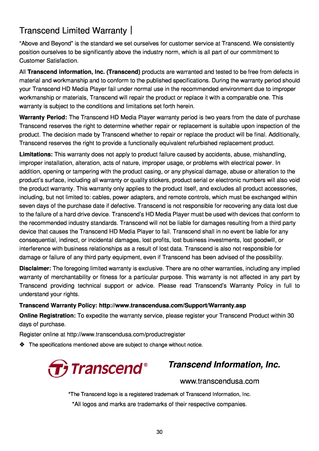 Transcend Information DMP10 user manual Transcend Limited Warranty︱, Transcend Information, Inc 