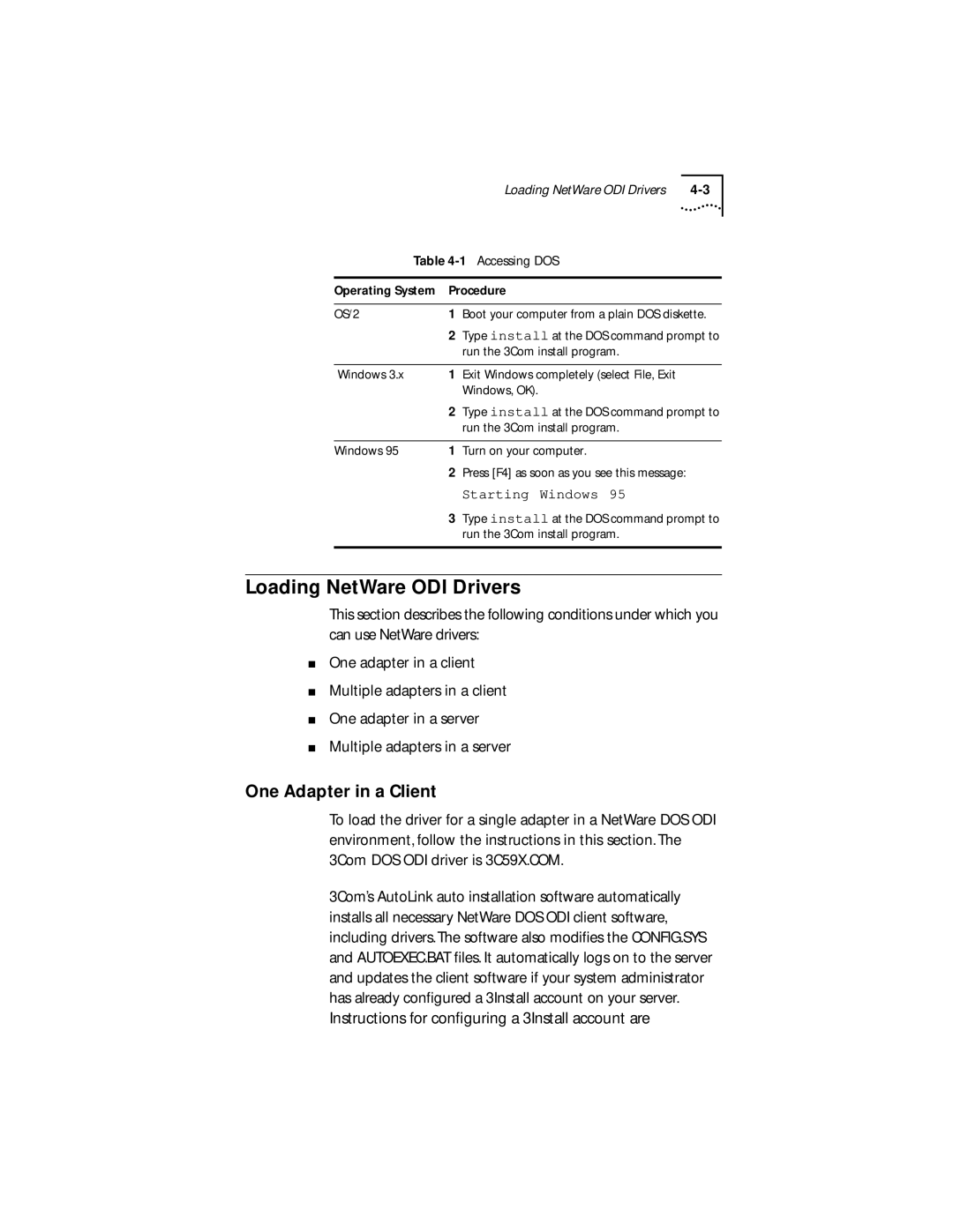 Transcend Information III manual Loading NetWare ODI Drivers, One Adapter in a Client 