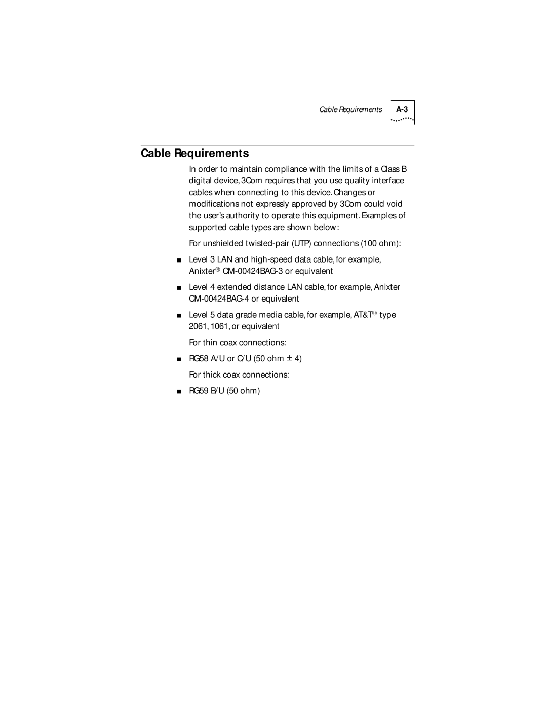 Transcend Information III manual Cable Requirements, For unshielded twisted-pair UTP connections 100 ohm, RG59 B/U 50 ohm 