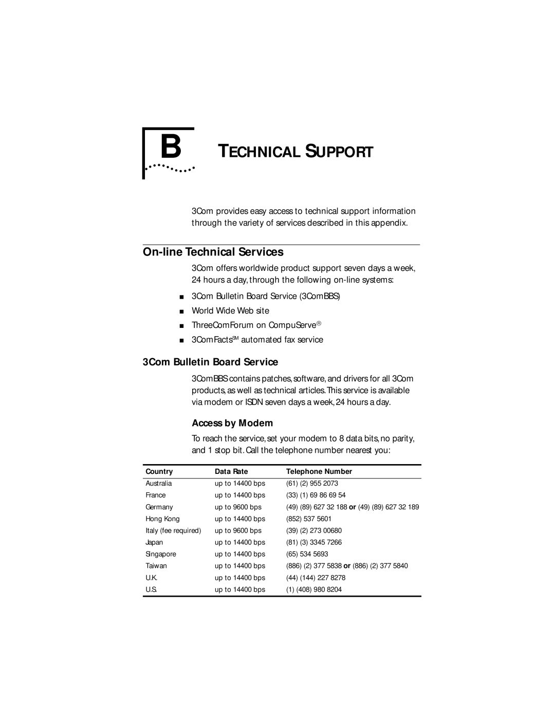 Transcend Information III Technical Support, On-line Technical Services, 3Com Bulletin Board Service, Access by Modem 