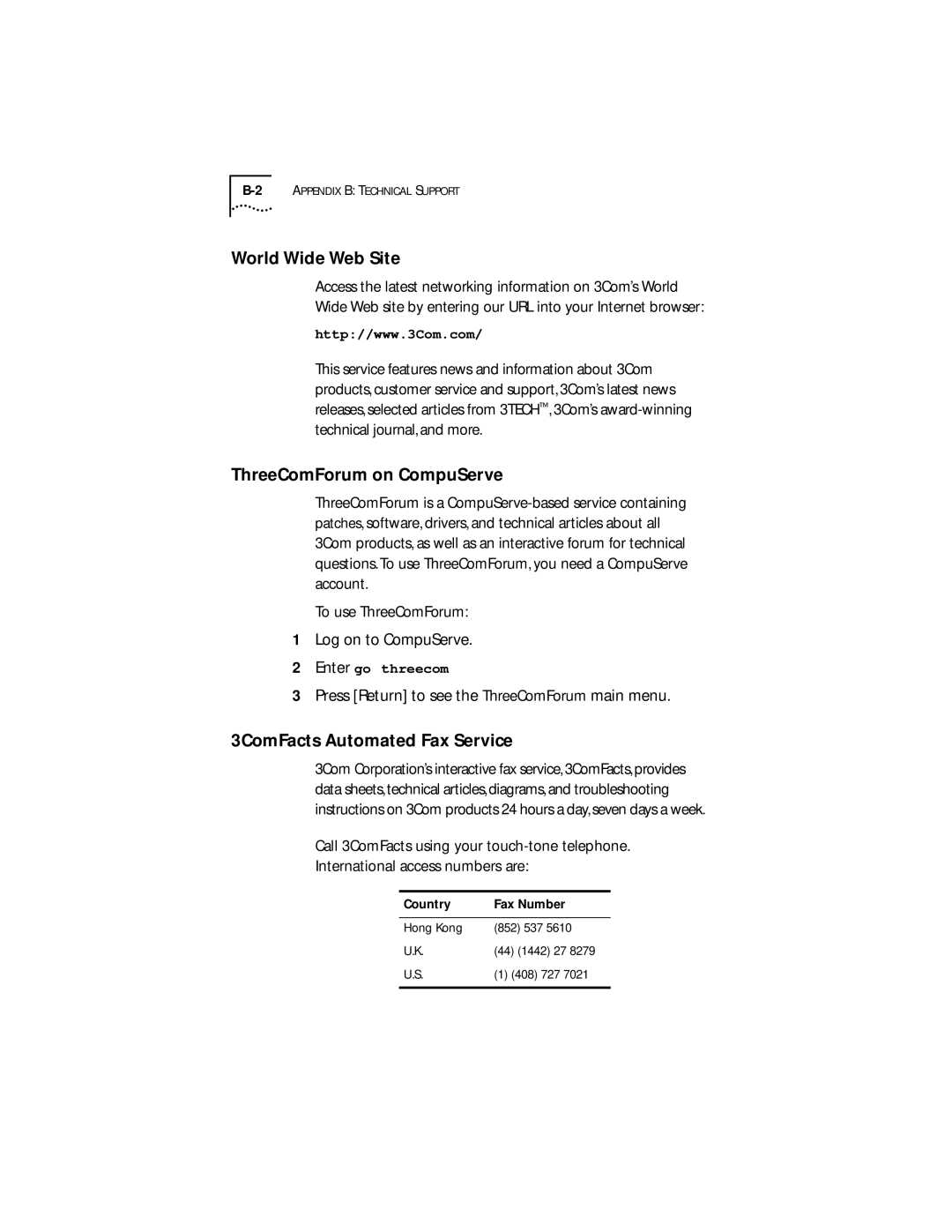 Transcend Information III manual World Wide Web Site, ThreeComForum on CompuServe, 3ComFacts Automated Fax Service 