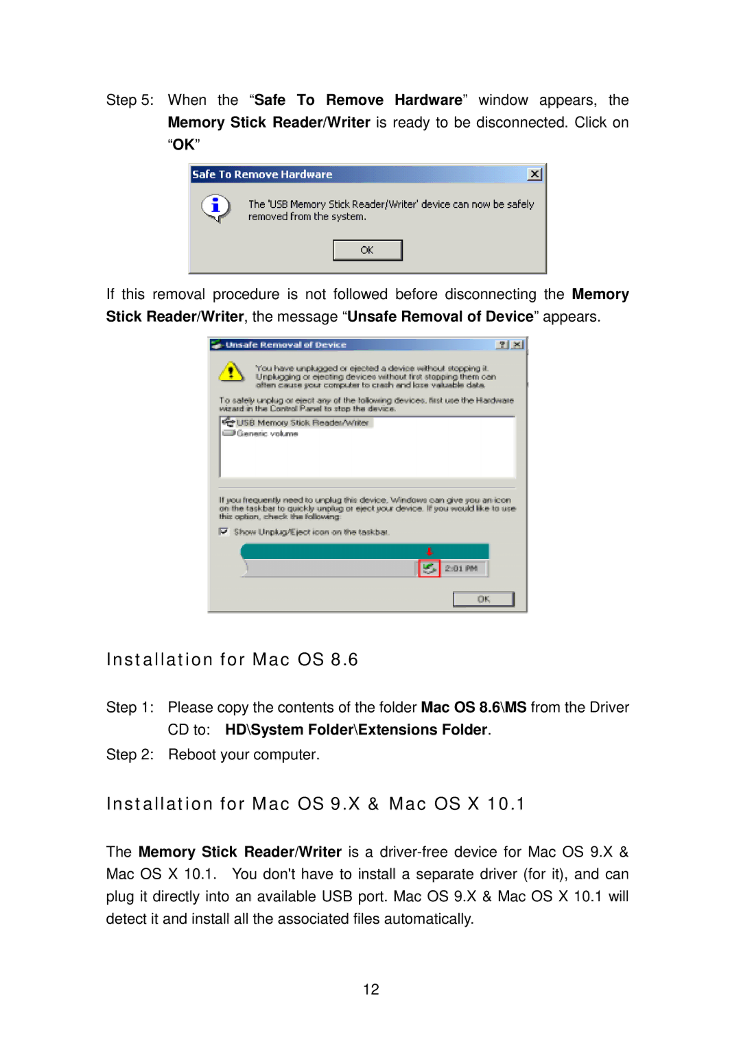Transcend Information Memory Stick Reader/Writer user manual Installation for Mac OS 9.X & Mac OS X 