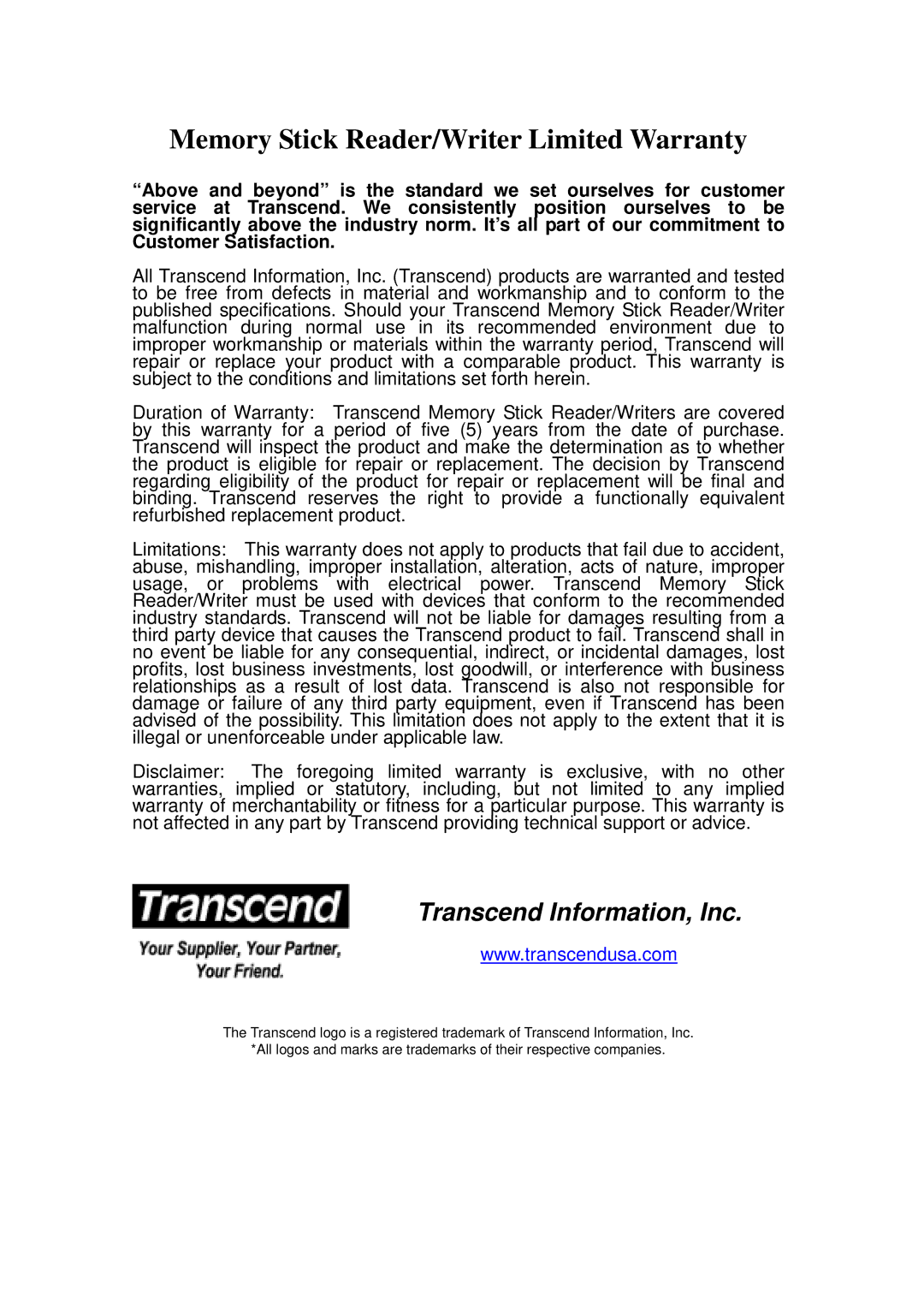 Transcend Information user manual Memory Stick Reader/Writer Limited Warranty 
