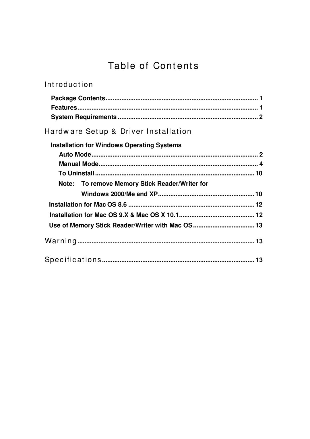 Transcend Information Memory Stick Reader/Writer user manual Table of Contents 