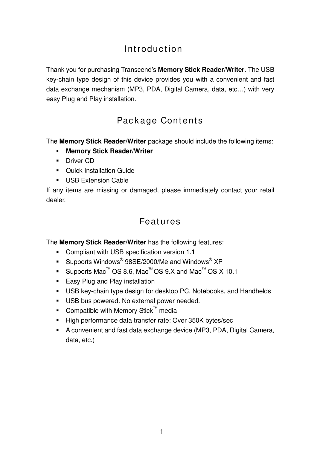 Transcend Information Memory Stick Reader/Writer user manual Introduction 