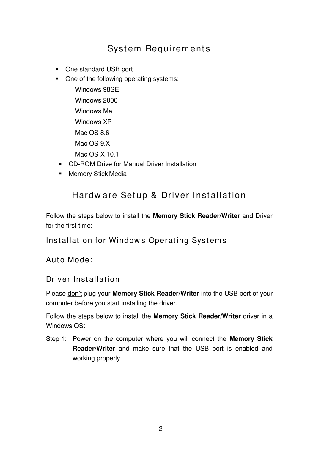 Transcend Information Memory Stick Reader/Writer user manual System Requirements 
