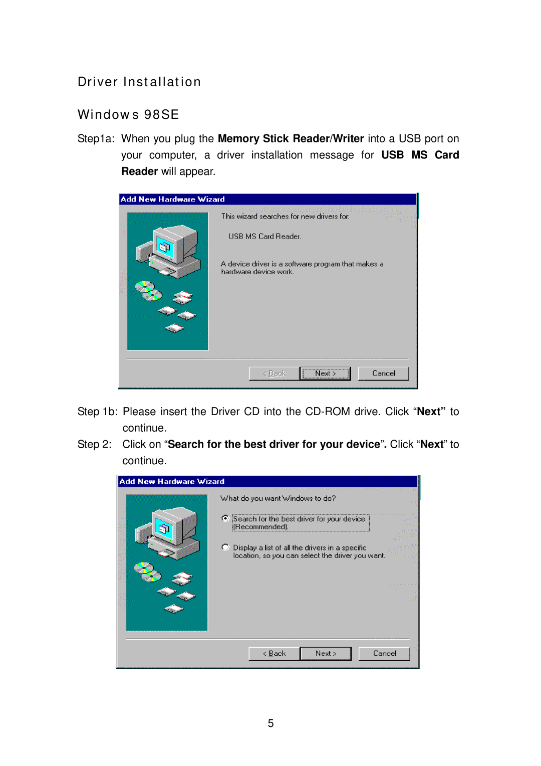 Transcend Information Memory Stick Reader/Writer user manual Driver Installation Windows 98SE 