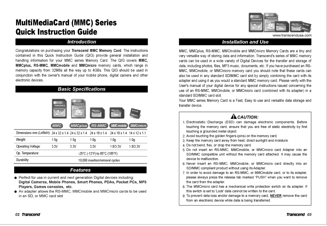 Transcend Information MMC Series, MMCmicro, MMCmobile, MMCplus, RS-MMC manual 