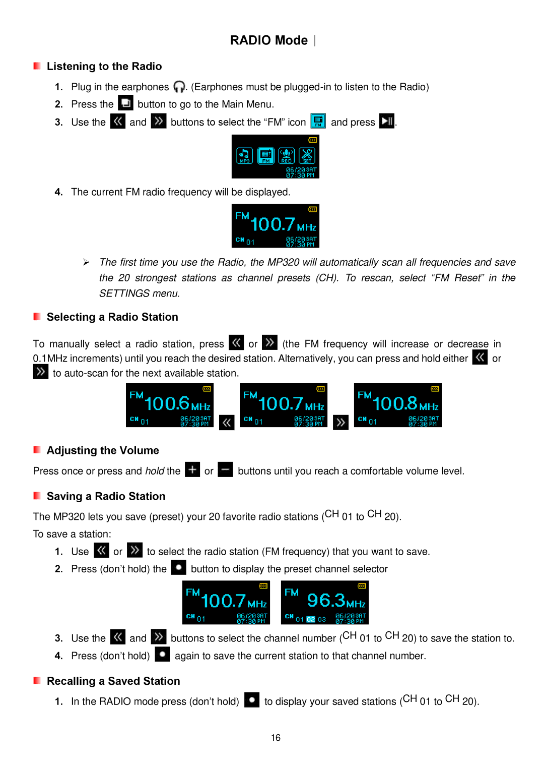 Transcend Information MP320 user manual Radio Mode︱, Listening to the Radio 