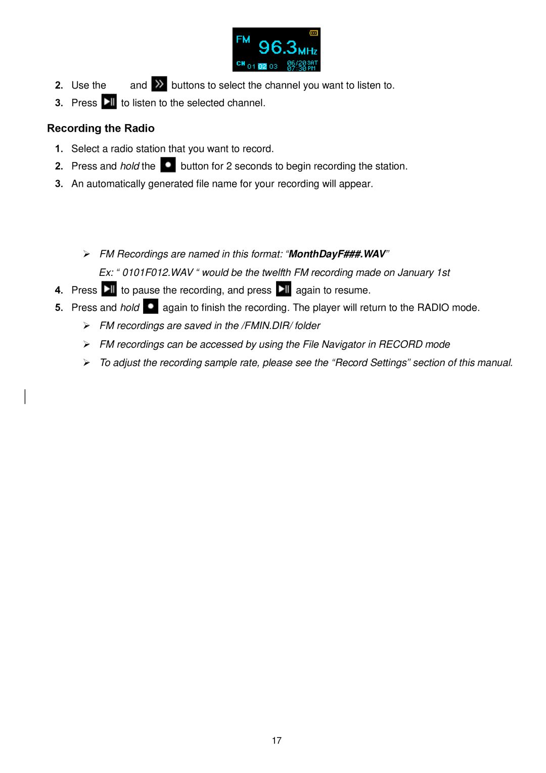 Transcend Information MP320 user manual Recording the Radio 