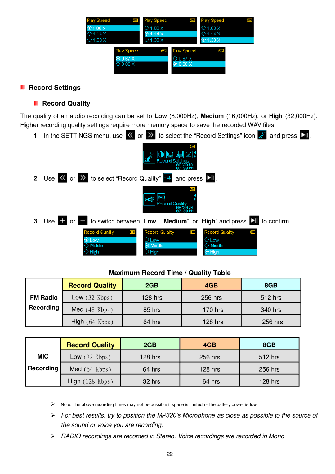 Transcend Information MP320 user manual Record Settings Record Quality, Maximum Record Time / Quality Table Record Quality 