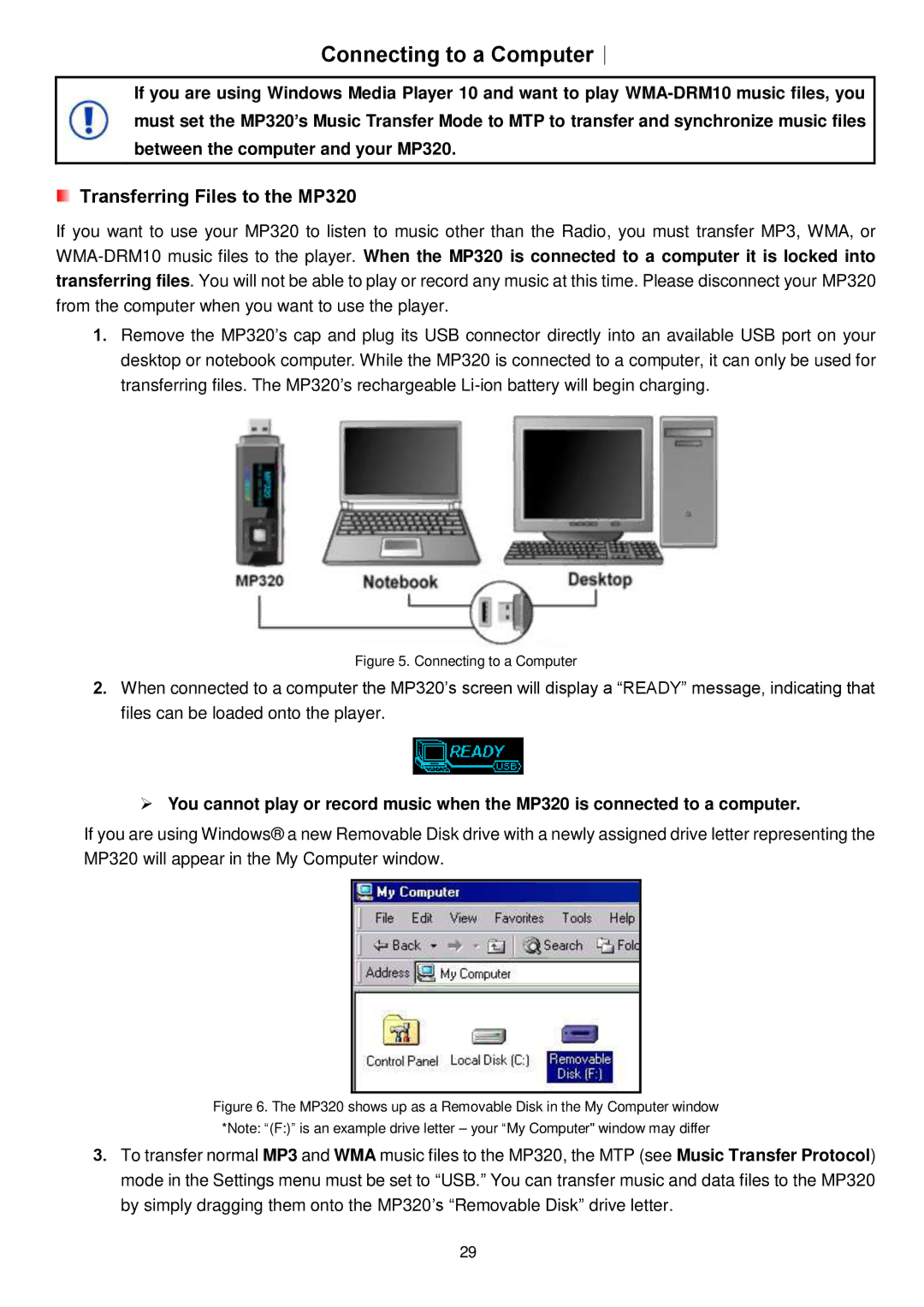 Transcend Information user manual Connecting to a Computer︱, Transferring Files to the MP320 