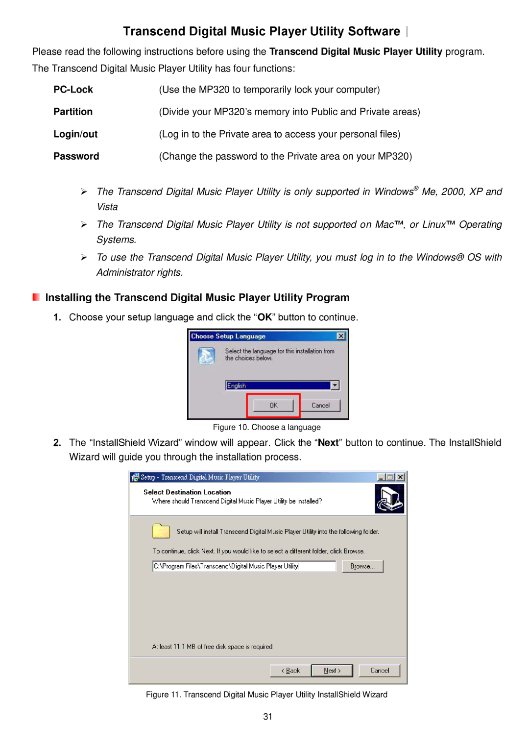 Transcend Information MP320 user manual Transcend Digital Music Player Utility Software︱, Password 