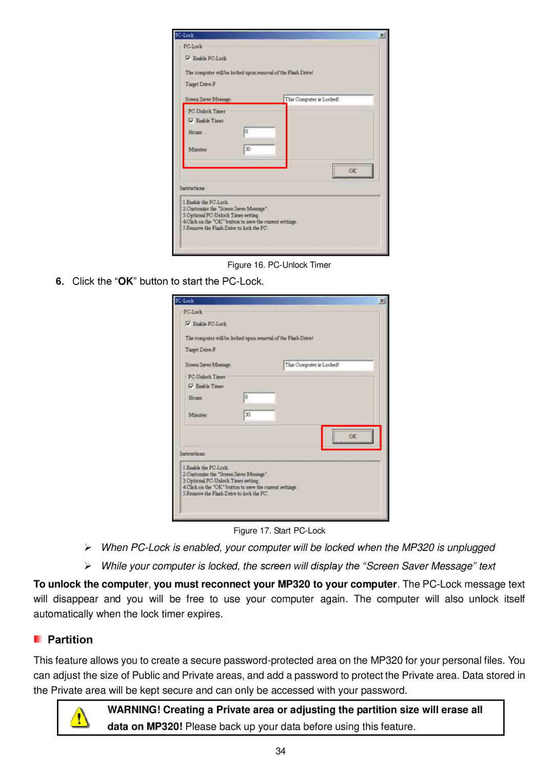 Transcend Information MP320 user manual Click the OK button to start the PC-Lock 