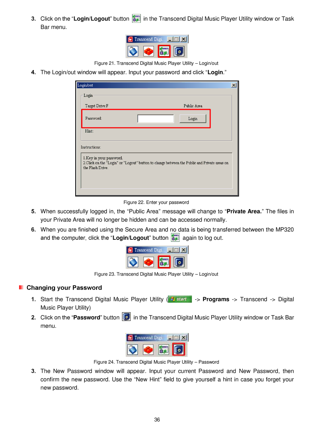 Transcend Information MP320 user manual Transcend Digital Music Player Utility Login/out 