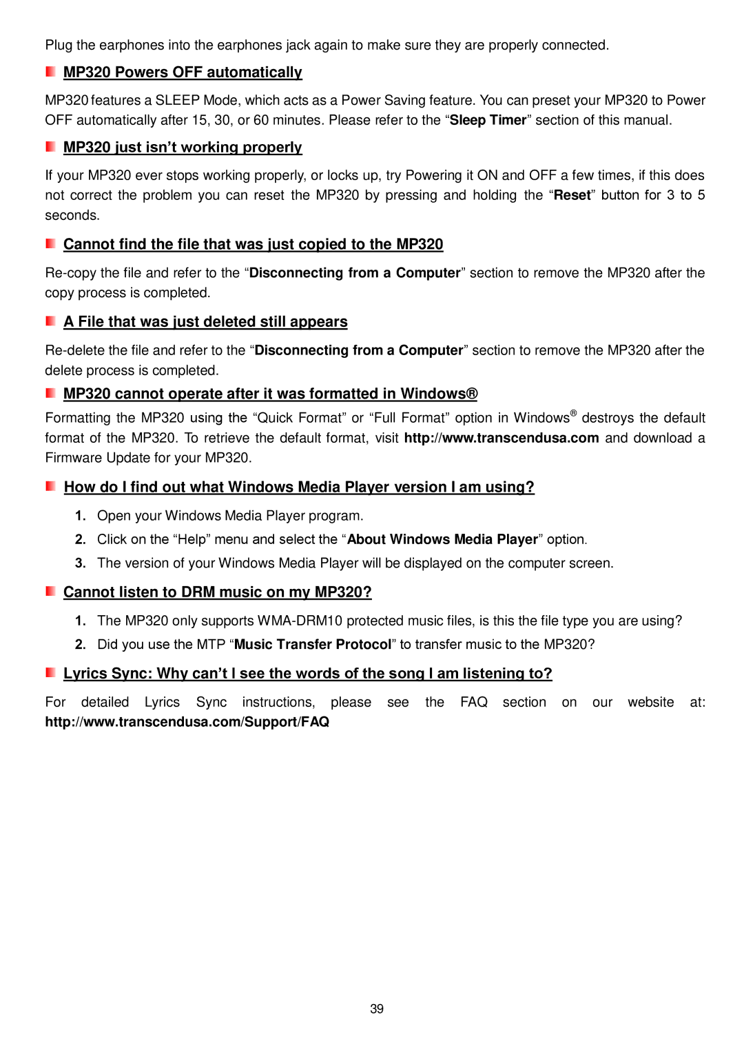 Transcend Information user manual MP320 Powers OFF automatically, MP320 just isn’t working properly 