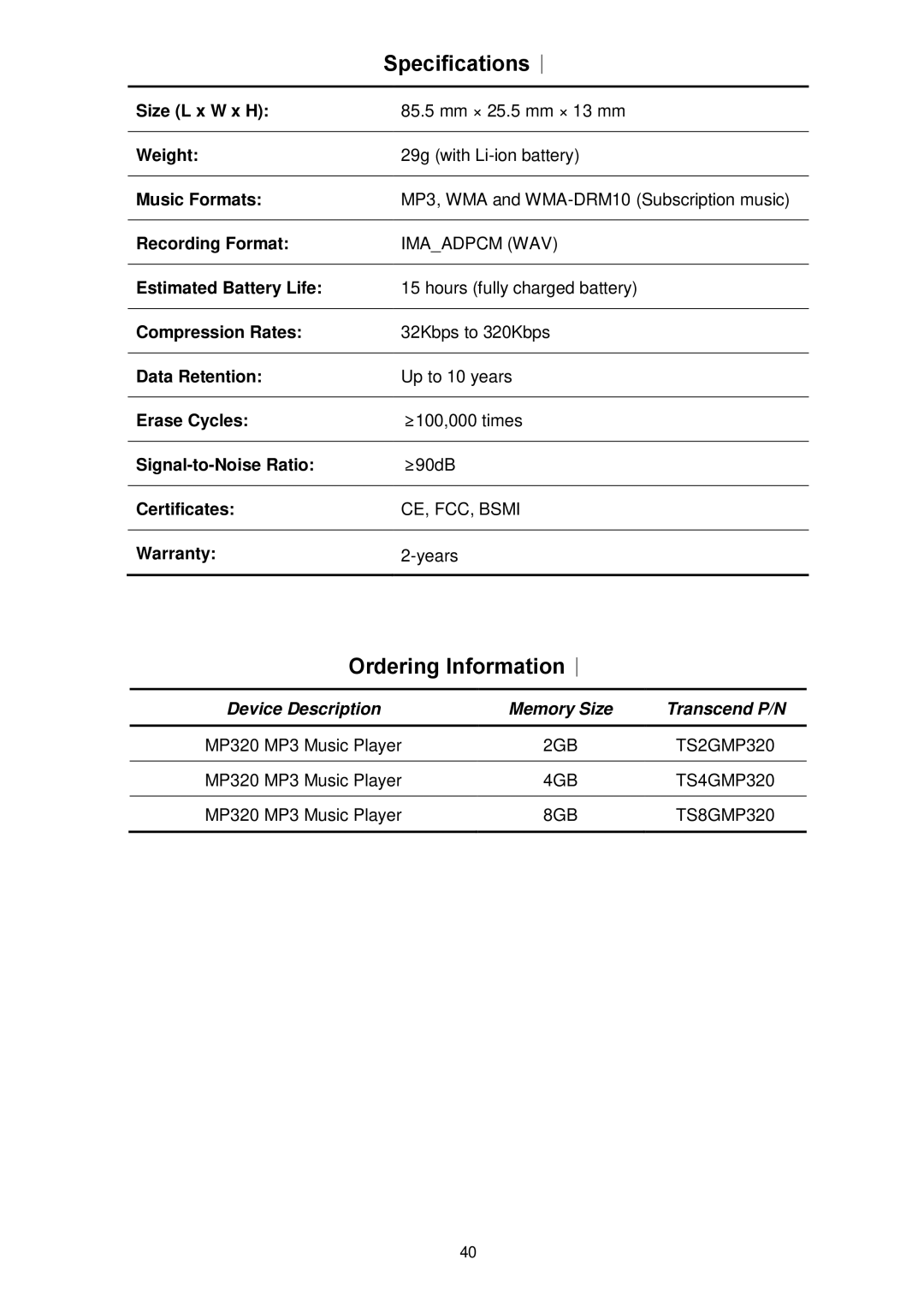 Transcend Information MP320 user manual Specifications︱, Ordering Information︱ 