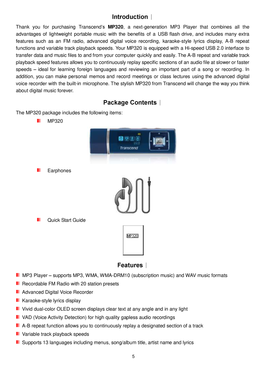 Transcend Information MP320 user manual Introduction︱, Package Contents︱, Features︱ 