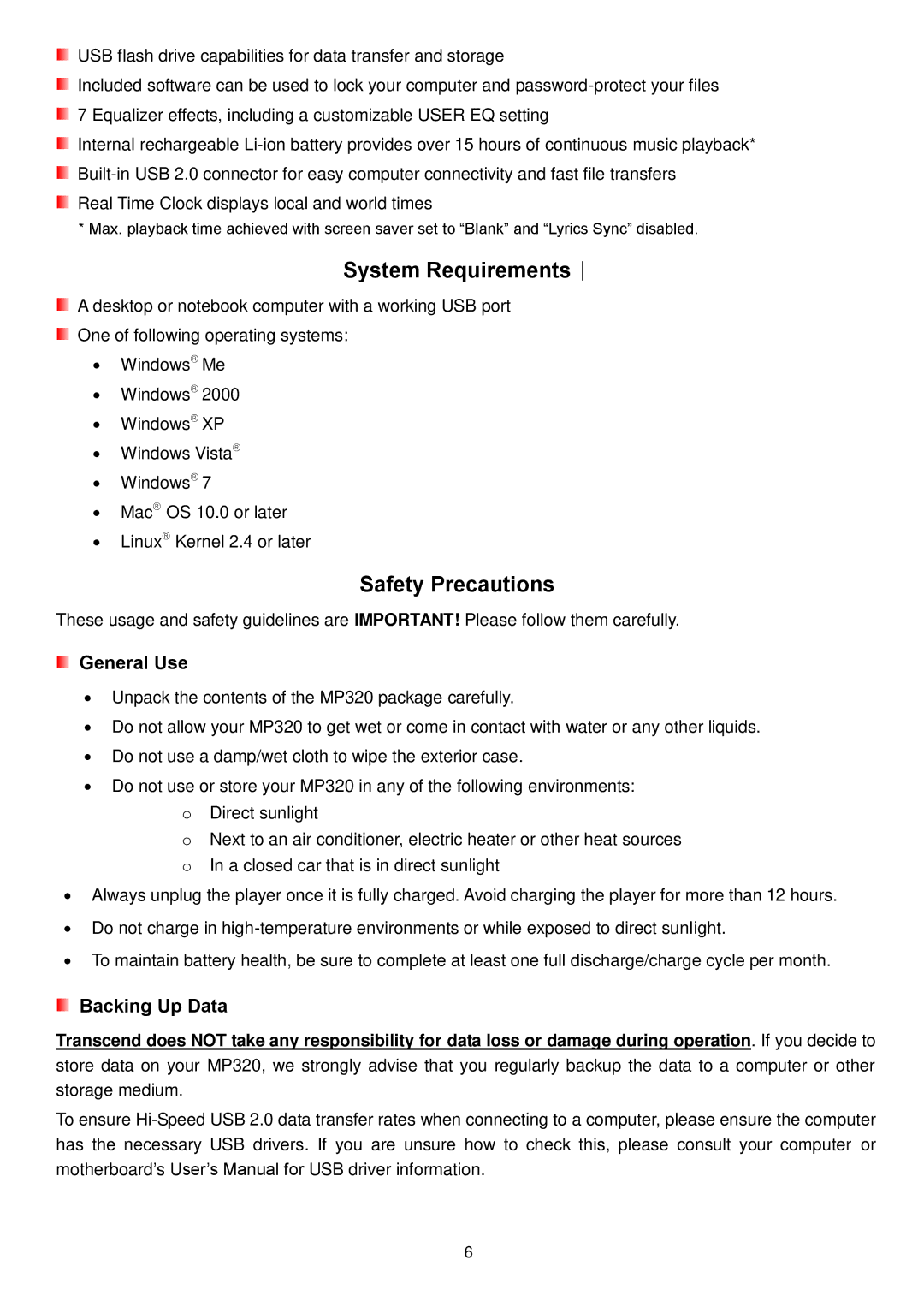 Transcend Information MP320 user manual System Requirements︱, Safety Precautions︱, General Use 