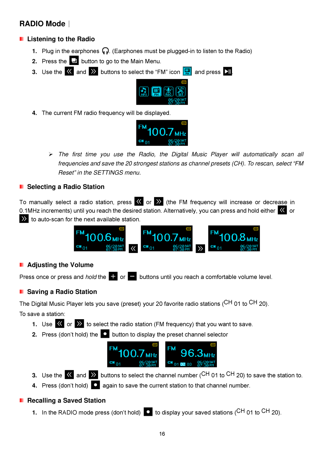 Transcend Information TS4GMP650, TS2GMP650 user manual Radio Mode︱, Listening to the Radio 