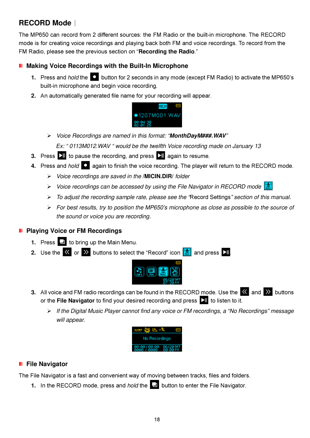 Transcend Information TS4GMP650, TS2GMP650 user manual Record Mode︱, Making Voice Recordings with the Built-In Microphone 