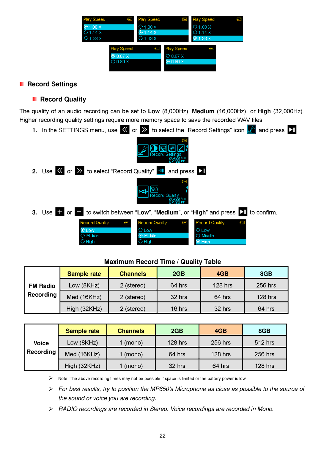 Transcend Information TS4GMP650, TS2GMP650 user manual Record Settings Record Quality, Maximum Record Time / Quality Table 