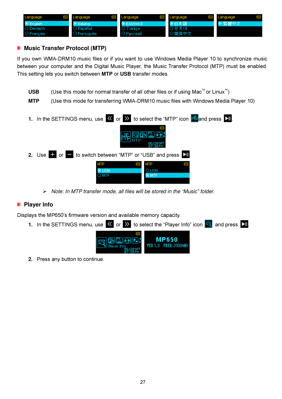 Transcend Information TS4GMP650, TS2GMP650 user manual Music Transfer Protocol MTP 