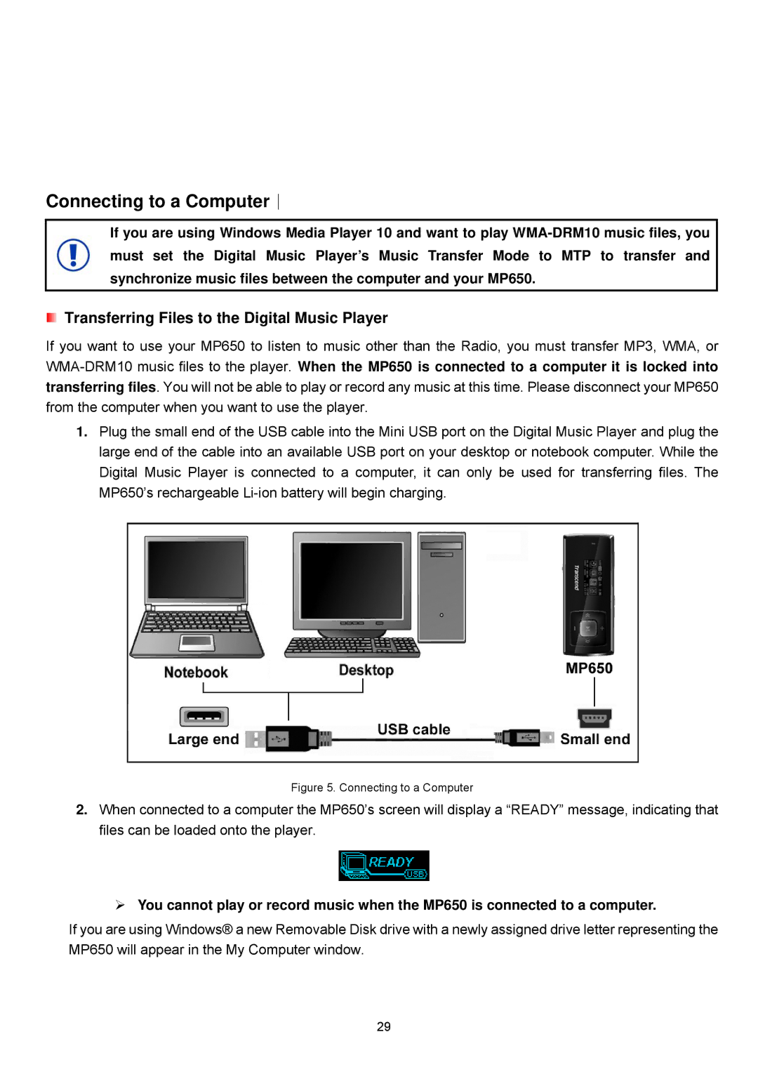 Transcend Information TS2GMP650, TS4GMP650 Connecting to a Computer︱, Transferring Files to the Digital Music Player 