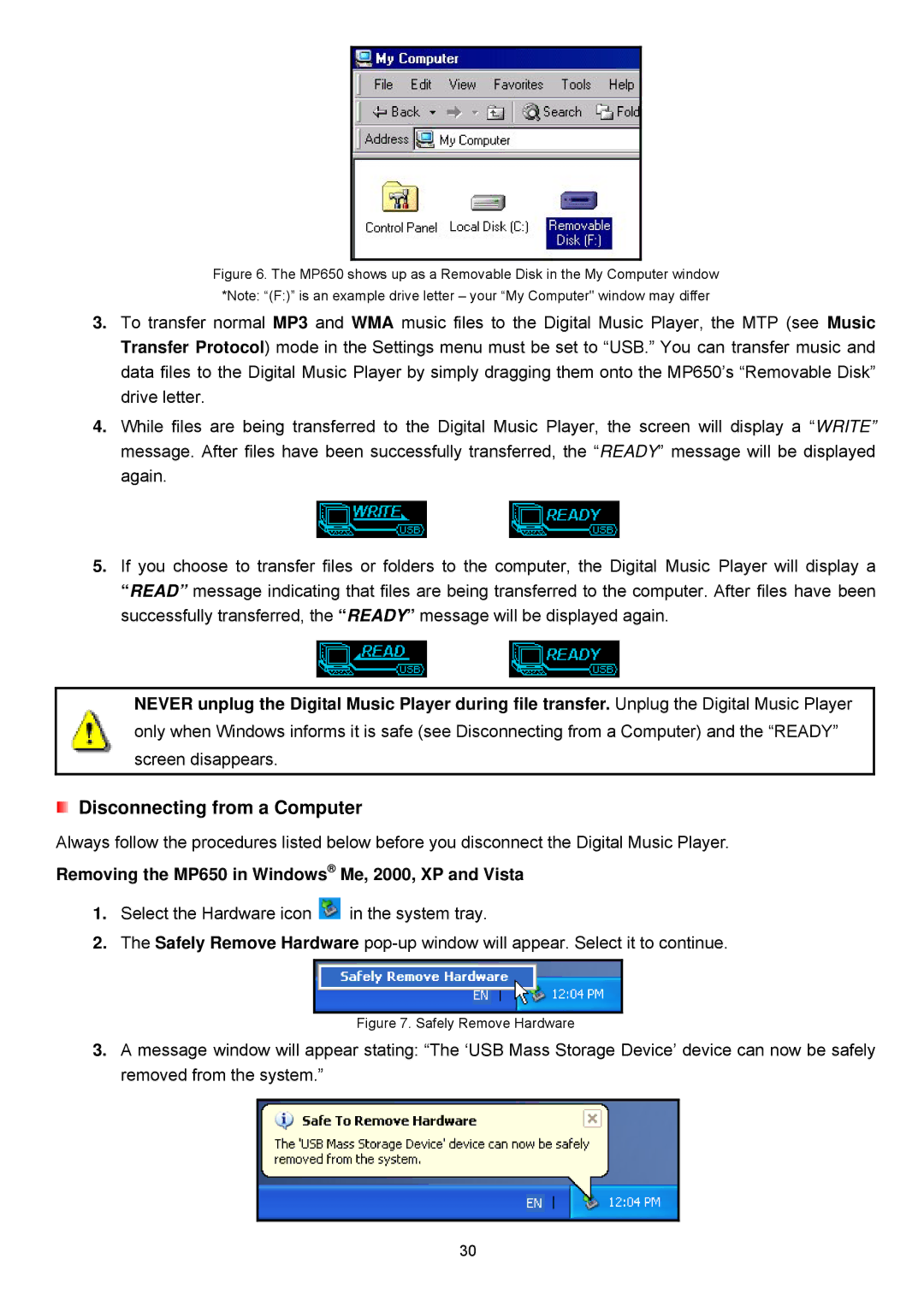Transcend Information TS4GMP650, TS2GMP650 user manual Removing the MP650 in Windows Me, 2000, XP and Vista 