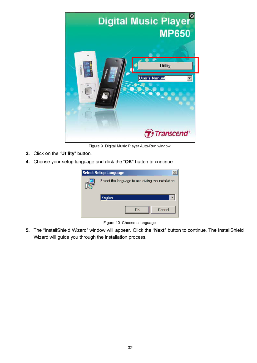 Transcend Information TS2GMP650, TS4GMP650 user manual Digital Music Player Auto-Run window 