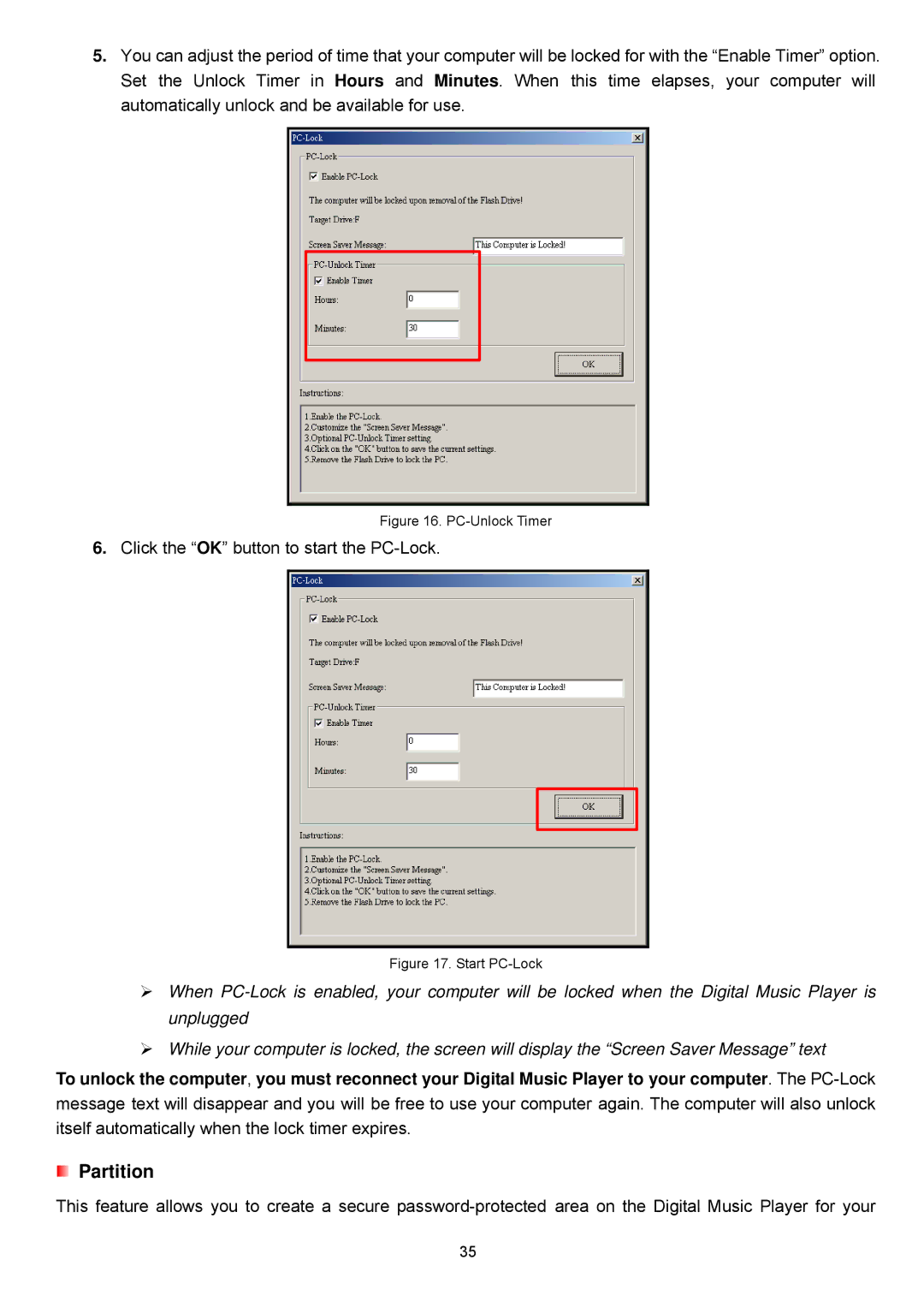 Transcend Information TS2GMP650, TS4GMP650 user manual Partition, PC-Unlock Timer 