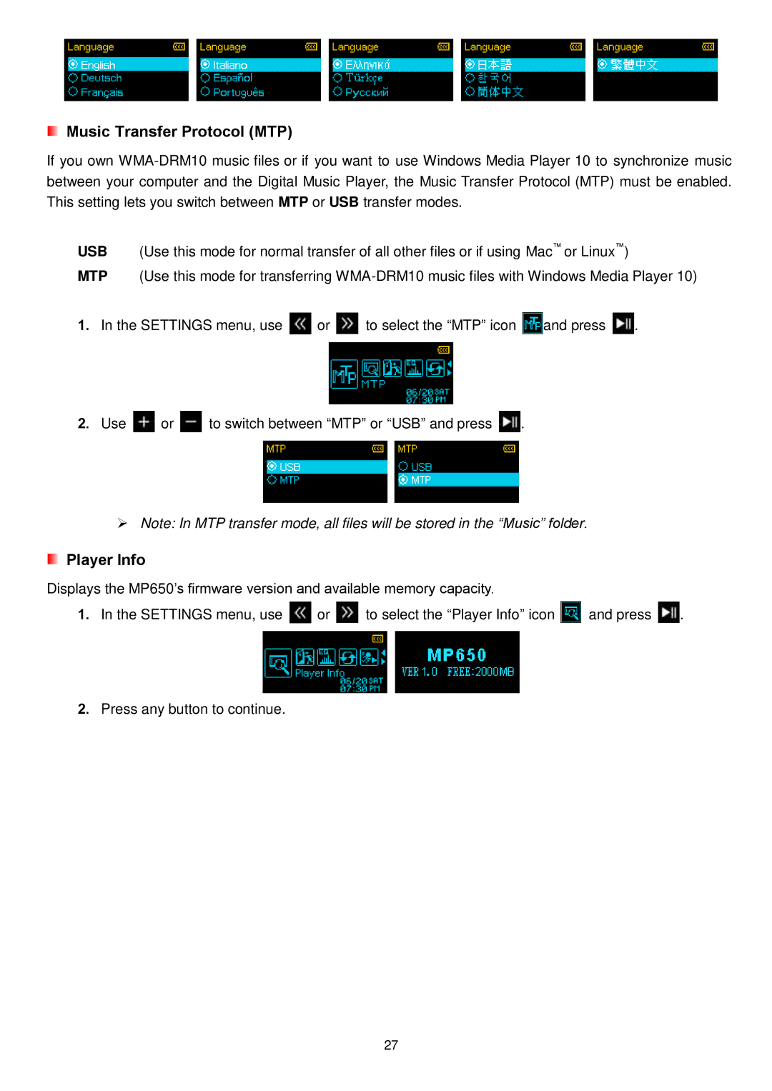 Transcend Information MP650 user manual Music Transfer Protocol MTP 