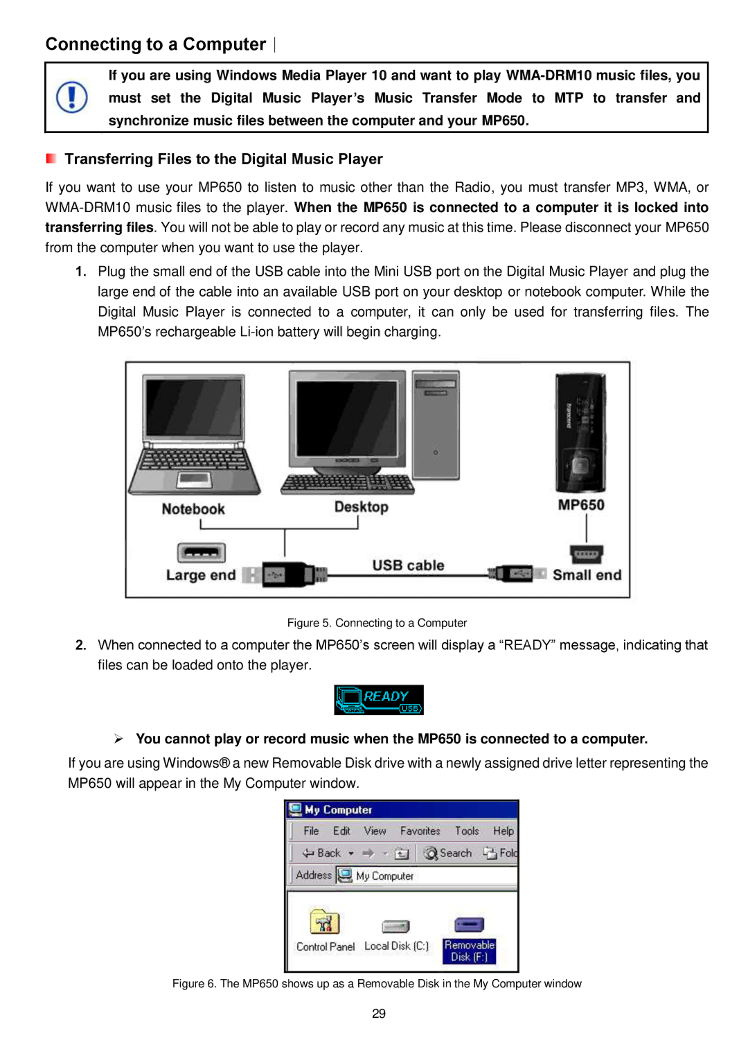 Transcend Information MP650 user manual Connecting to a Computer︱, Transferring Files to the Digital Music Player 