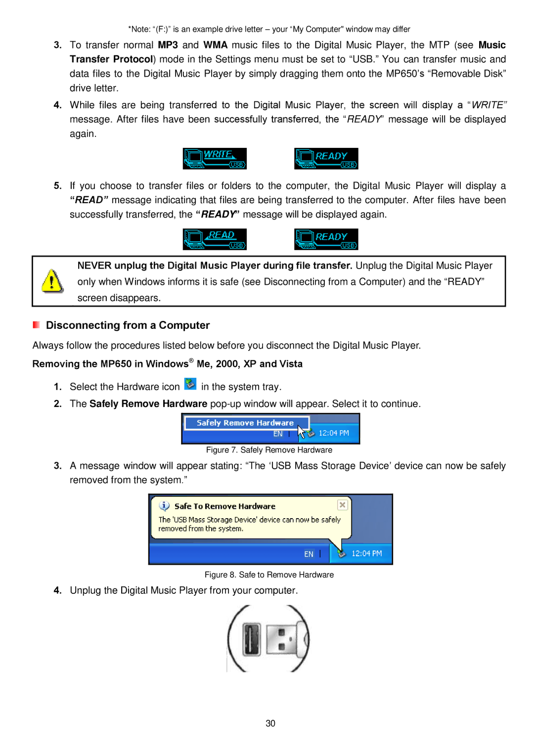 Transcend Information user manual Removing the MP650 in Windows Me, 2000, XP and Vista 