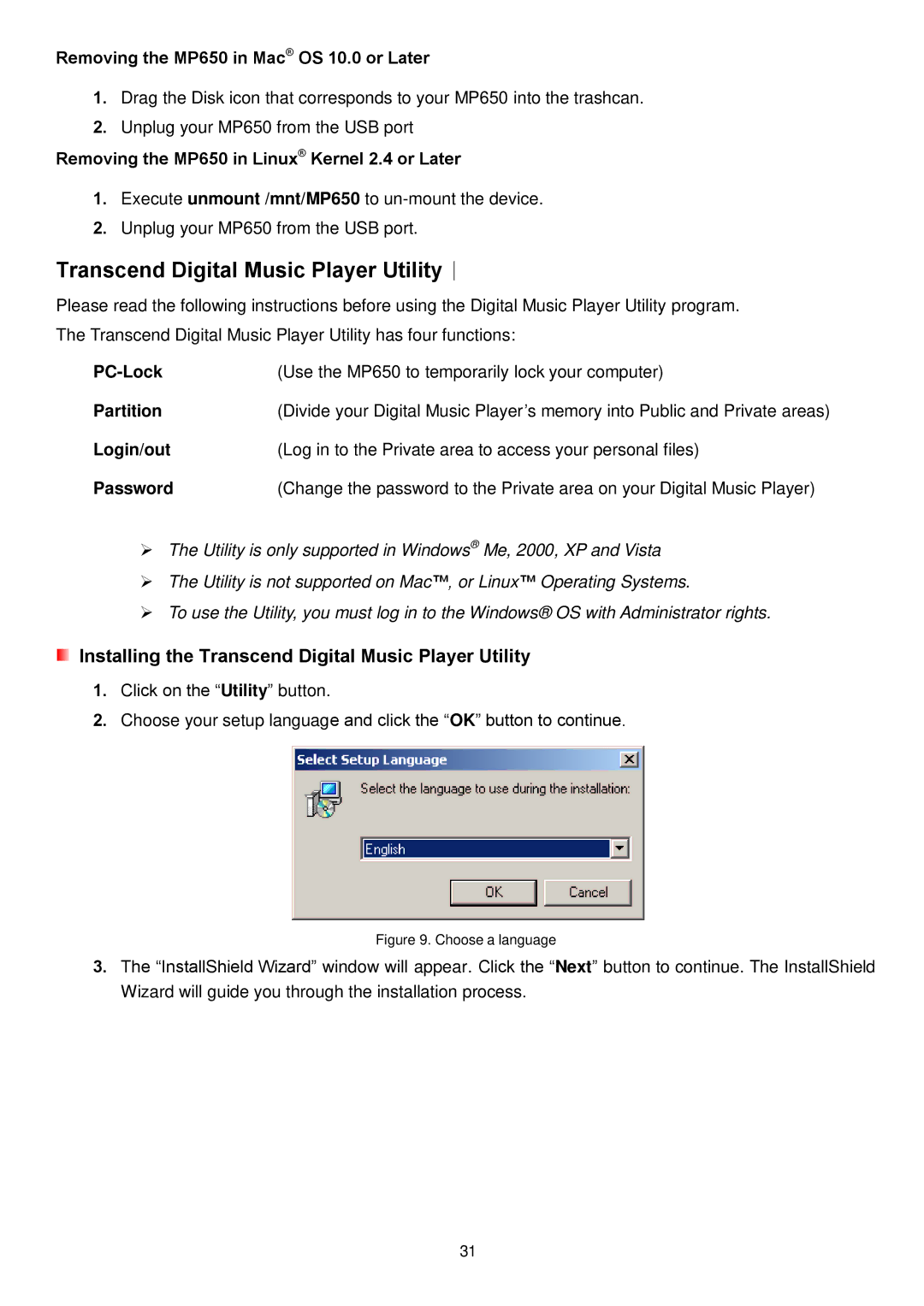 Transcend Information MP650 Transcend Digital Music Player Utility︱, Installing the Transcend Digital Music Player Utility 