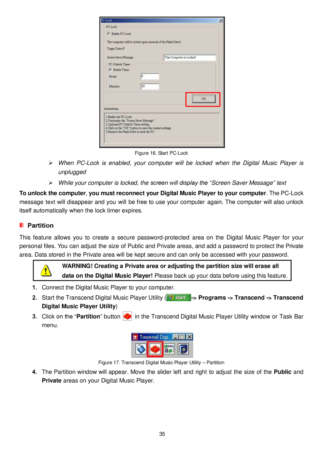 Transcend Information MP650 user manual Partition, Start PC-Lock 