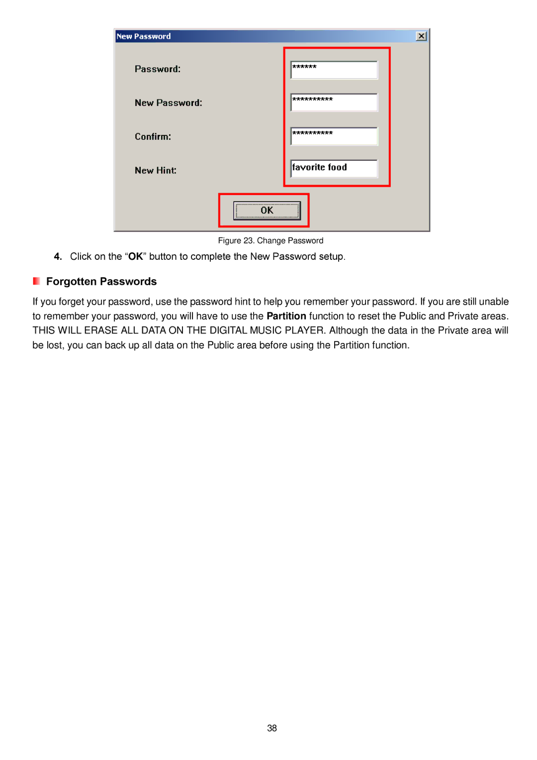 Transcend Information MP650 user manual Click on the OK button to complete the New Password setup 