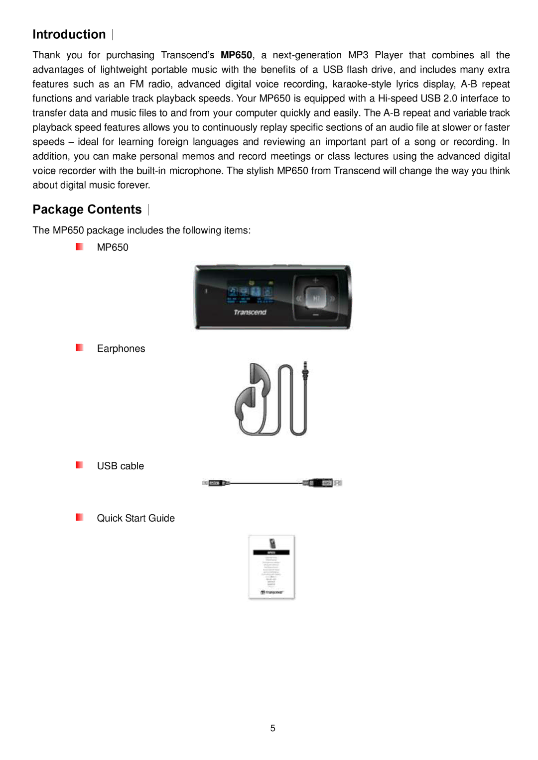 Transcend Information MP650 user manual Introduction︱, Package Contents︱ 