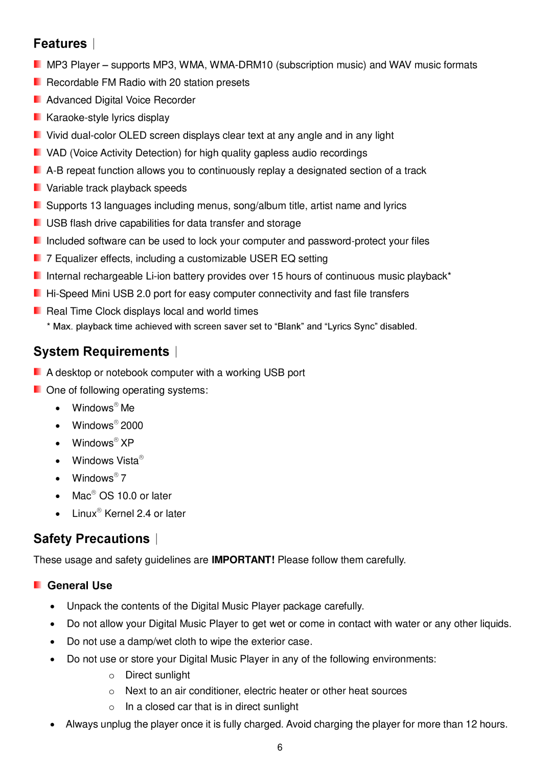 Transcend Information MP650 user manual Features︱, System Requirements︱, Safety Precautions︱, General Use 