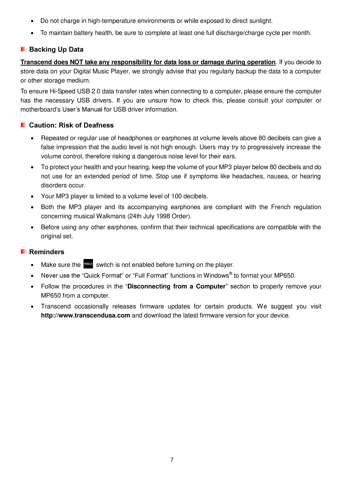 Transcend Information MP650 user manual Backing Up Data 