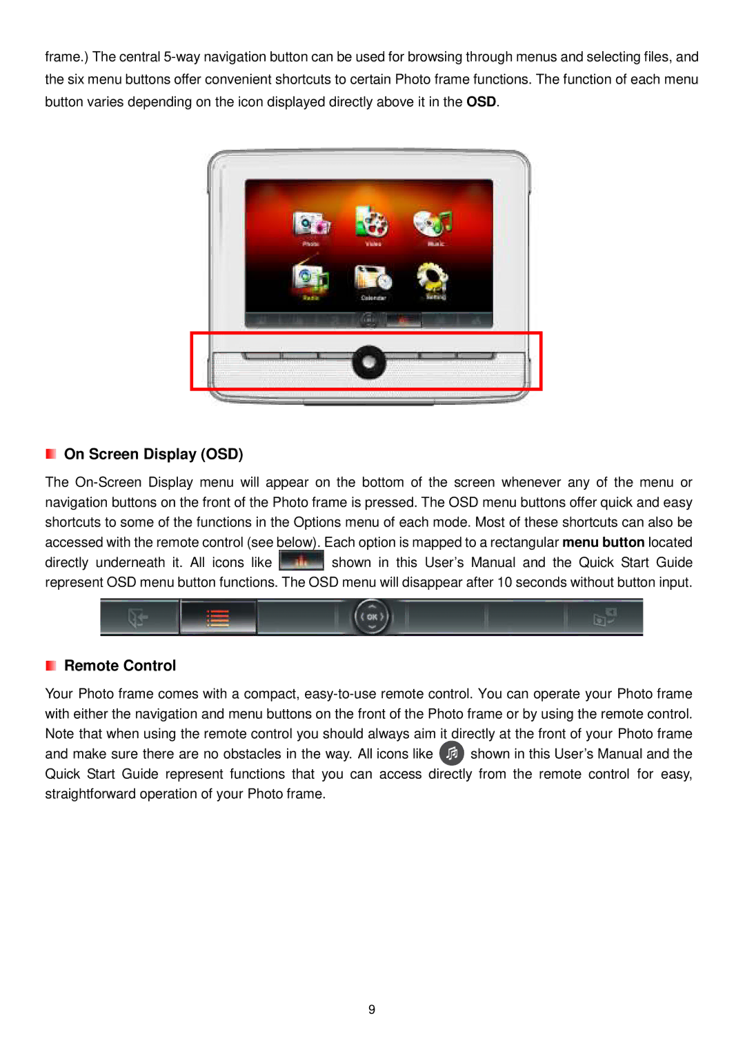 Transcend Information PF720 user manual On Screen Display OSD, Remote Control 