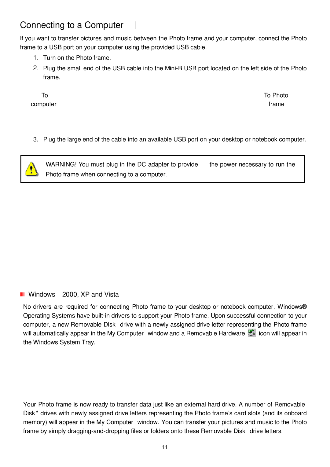 Transcend Information PF720 user manual Connecting to a Computer︱, Windows 2000, XP and Vista 