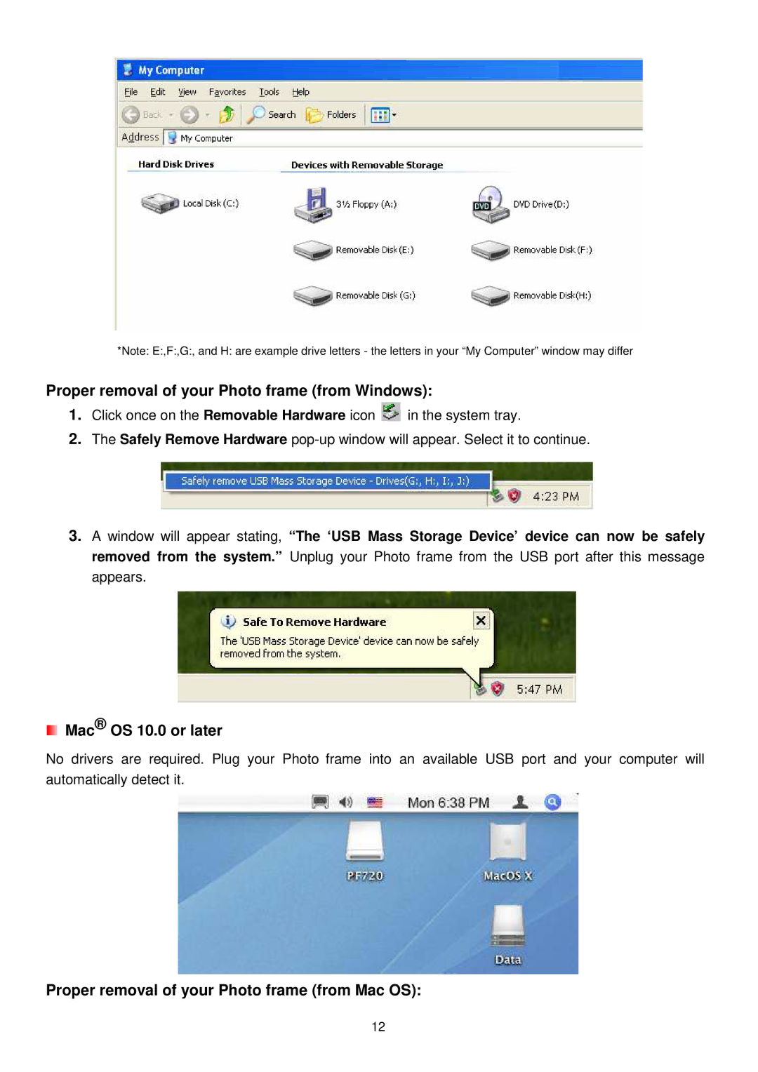 Transcend Information PF720 user manual Proper removal of your Photo frame from Windows, Mac OS 10.0 or later 