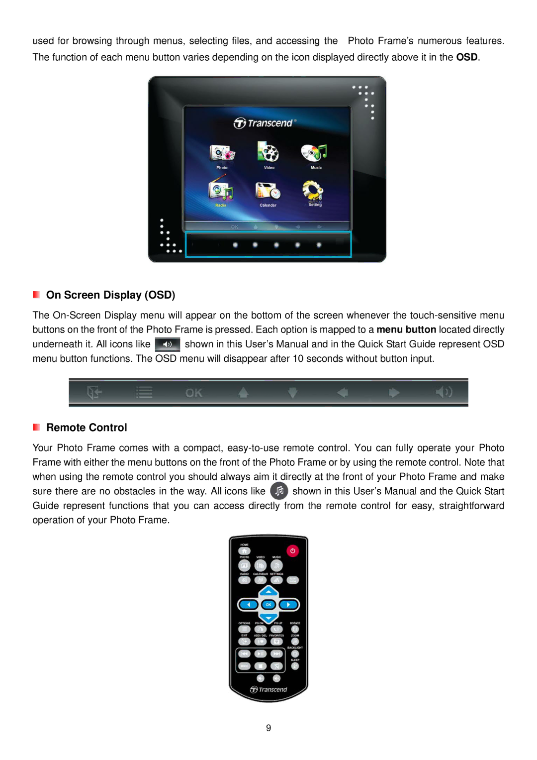 Transcend Information PF810 user manual On Screen Display OSD, Remote Control 